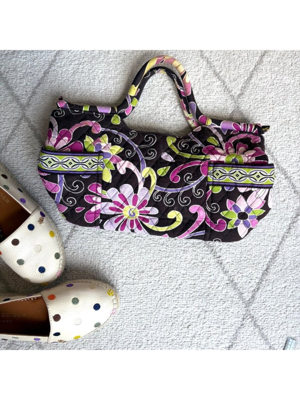Vera Bradley Quilted Shoulder Bag Floral Brown Pink Purple Green Cotton Purse